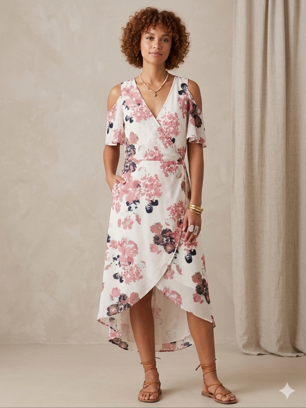 Blush Pink Airy Cold Shoulder Faux Wrap Midi Spring Dress Size Large